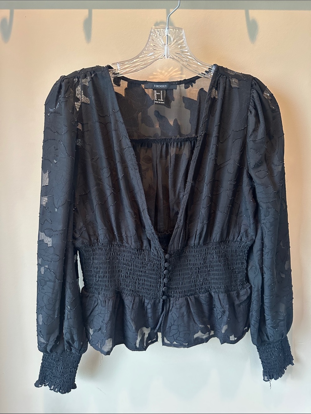 Forever 21 Black Sheer Smocked-Waist V-Neck Blouse